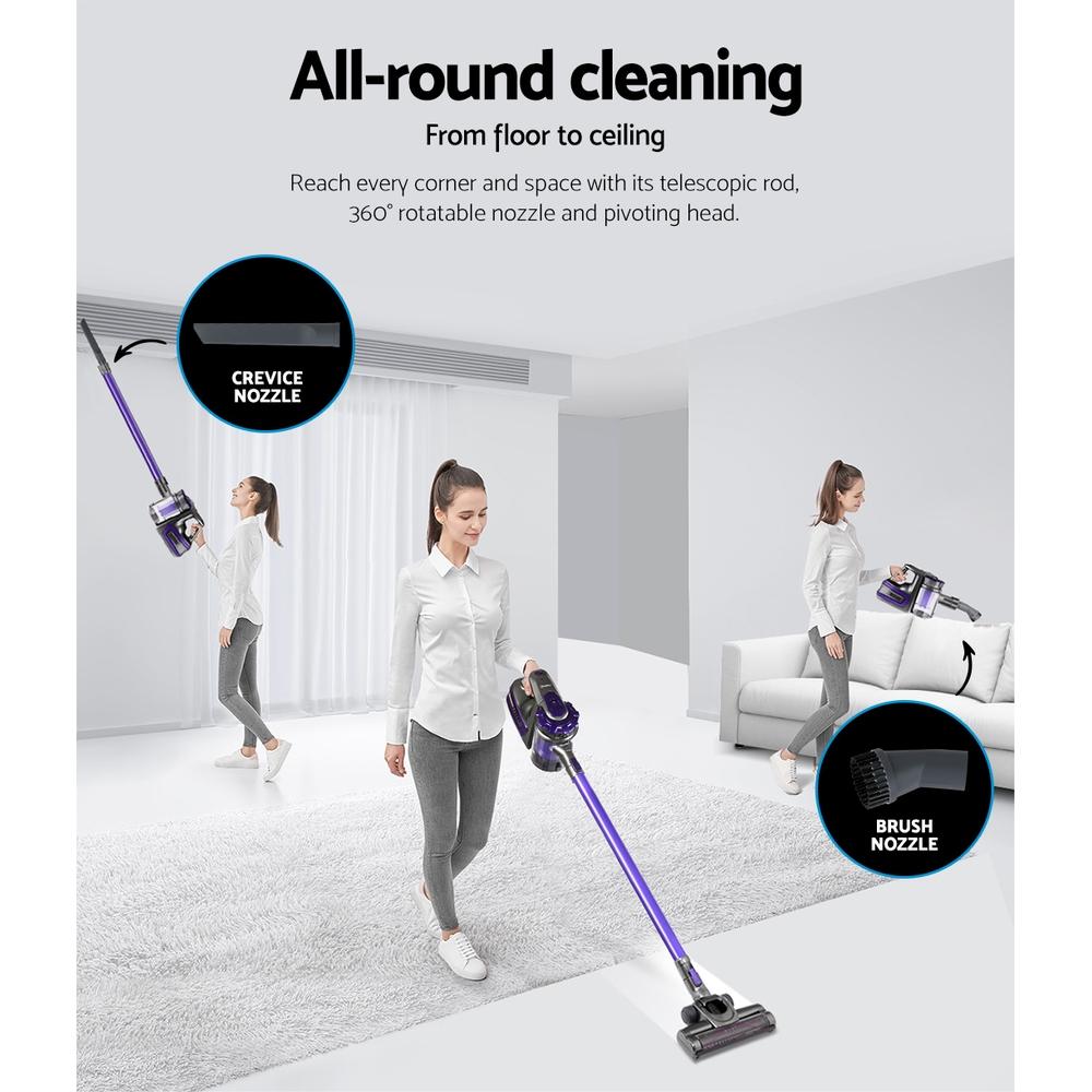 Devanti Handheld Vacuum Cleaner in purple and grey, showcasing its sleek design and accessories for versatile cleaning.