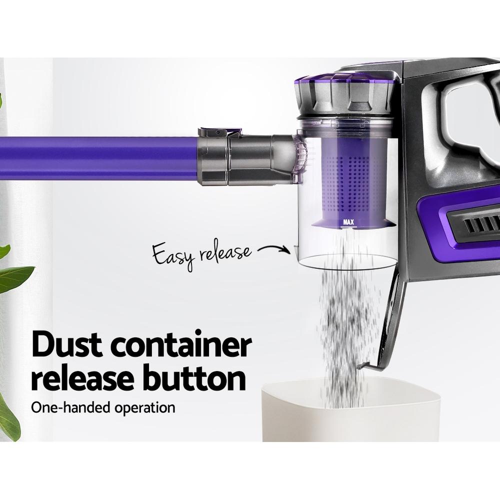 Devanti Handheld Vacuum Cleaner in purple and grey, showcasing its sleek design and accessories for versatile cleaning.