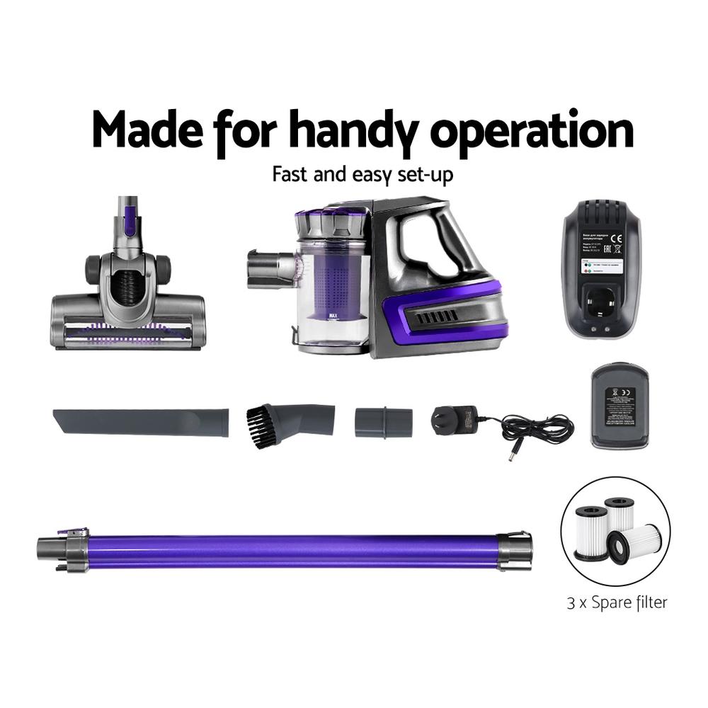 Devanti Handheld Vacuum Cleaner in purple and grey, showcasing its sleek design and accessories for versatile cleaning.