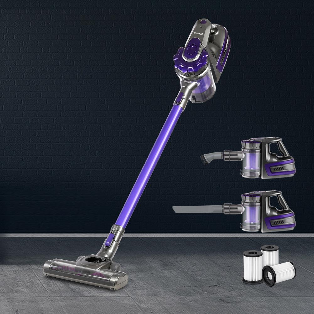 Devanti Handheld Vacuum Cleaner in purple and grey, showcasing its sleek design and accessories for versatile cleaning.