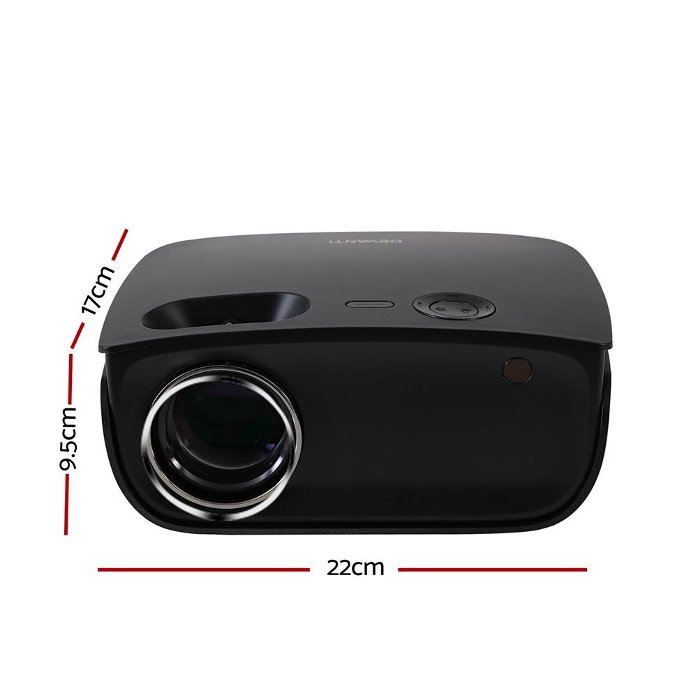 Devanti Mini Video Projector showcasing its sleek design and connectivity ports, ideal for home entertainment.