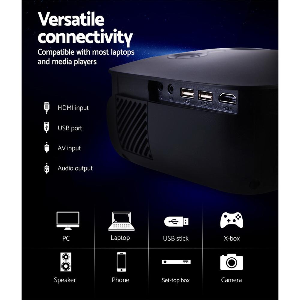 Devanti Mini Video Projector showcasing its sleek design and connectivity ports, ideal for home entertainment.