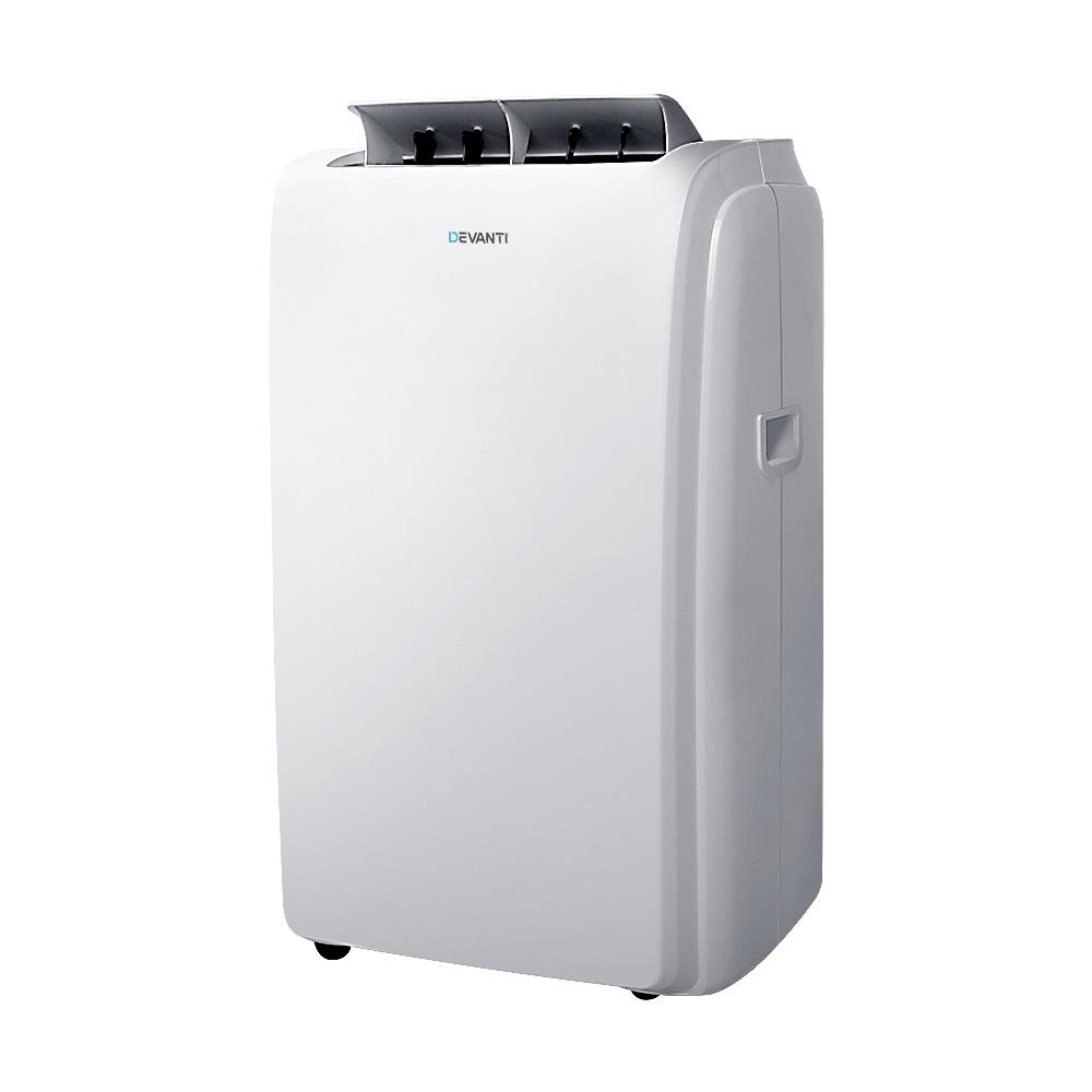 Devanti Portable Air Conditioner in white color with remote control and window exhaust kit, designed for efficient cooling.