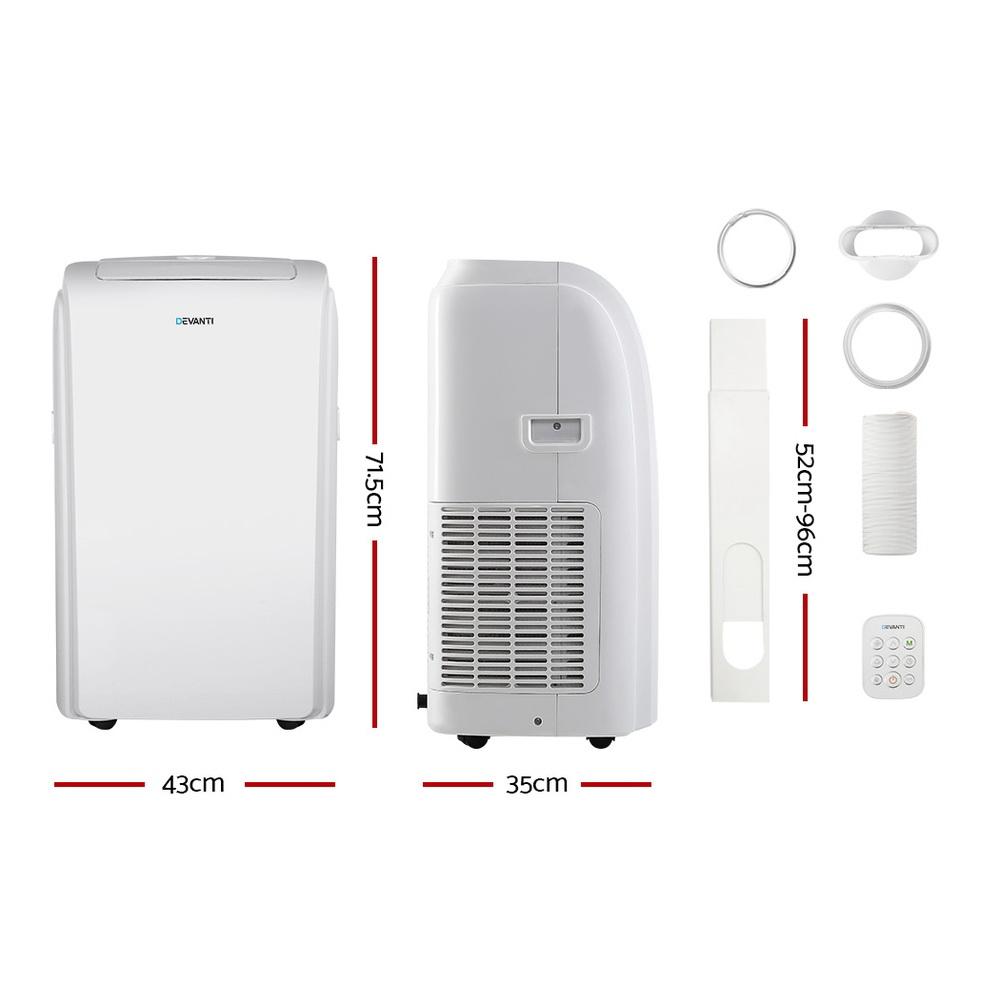 Devanti Portable Air Conditioner in white color with remote control and window exhaust kit, designed for efficient cooling.