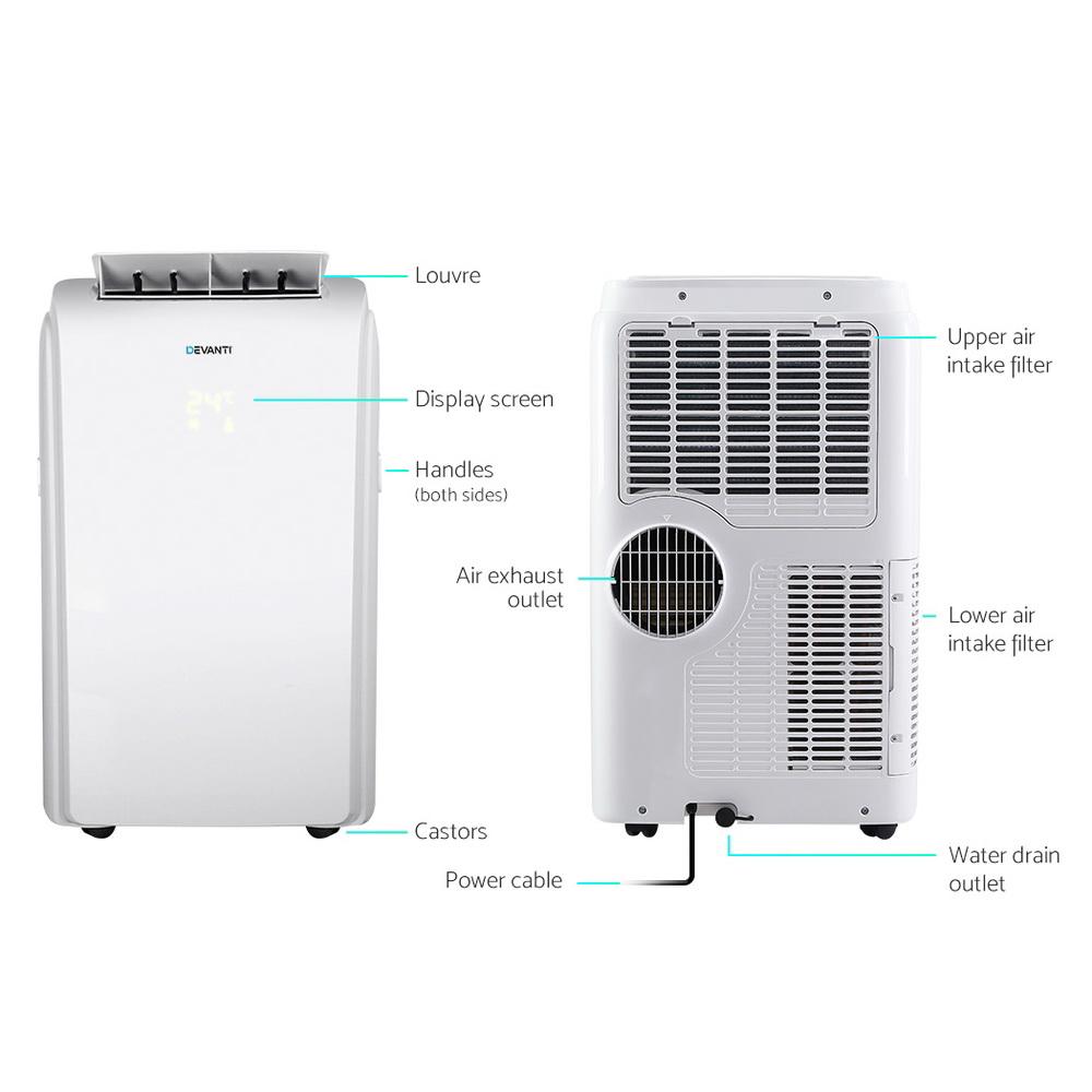 Devanti Portable Air Conditioner in white color with remote control and window exhaust kit, designed for efficient cooling.