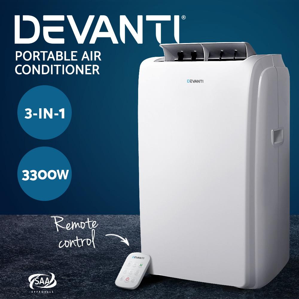 Devanti Portable Air Conditioner in white color with remote control and window exhaust kit, designed for efficient cooling.