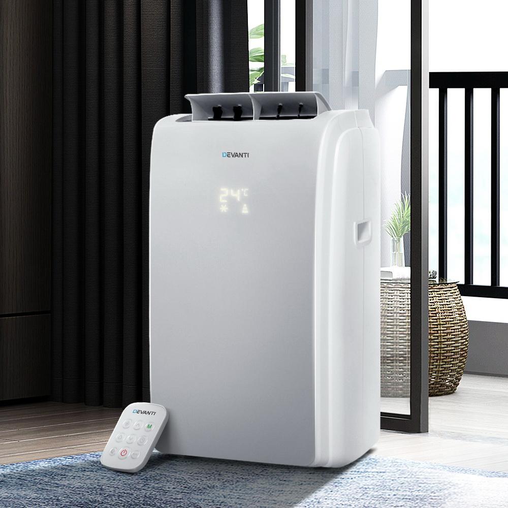 Devanti Portable Air Conditioner in white color with remote control and window exhaust kit, designed for efficient cooling.