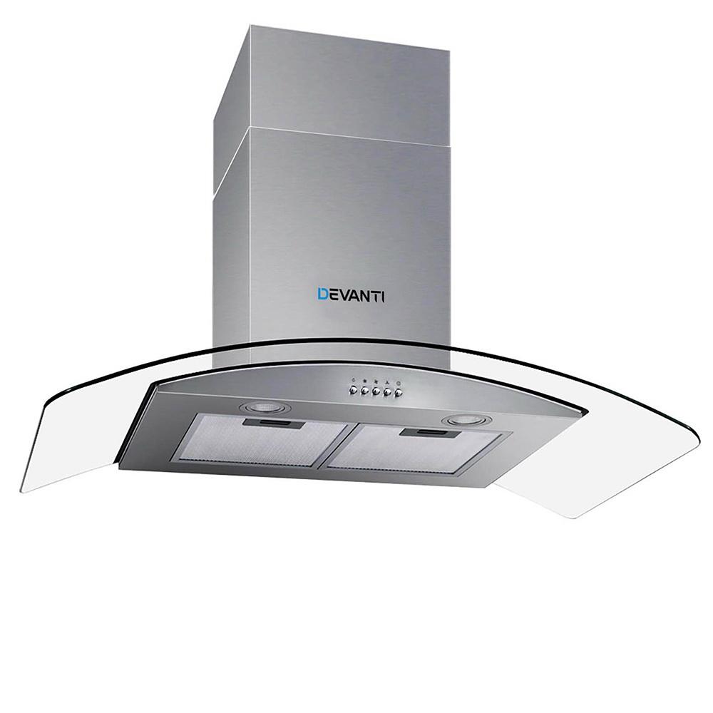 Devanti 900mm Range Hood with stainless glass canopy, showcasing its sleek design and modern features for kitchen ventilation.