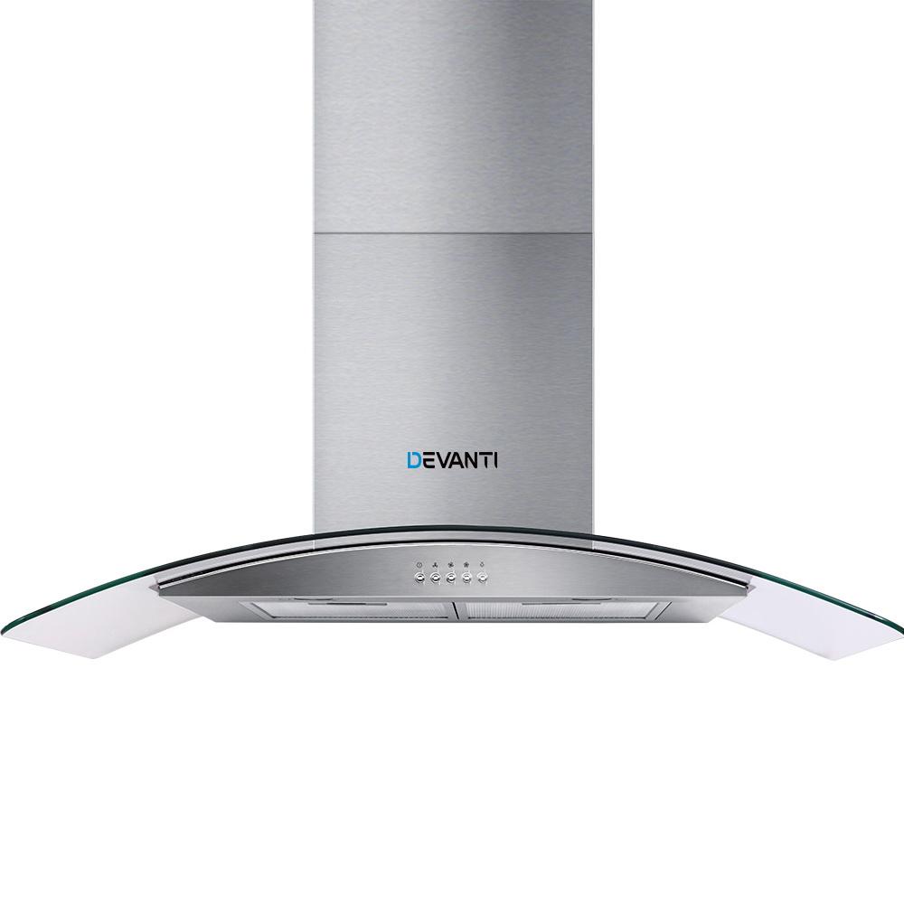 Devanti 900mm Range Hood with stainless glass canopy, showcasing its sleek design and modern features for kitchen ventilation.