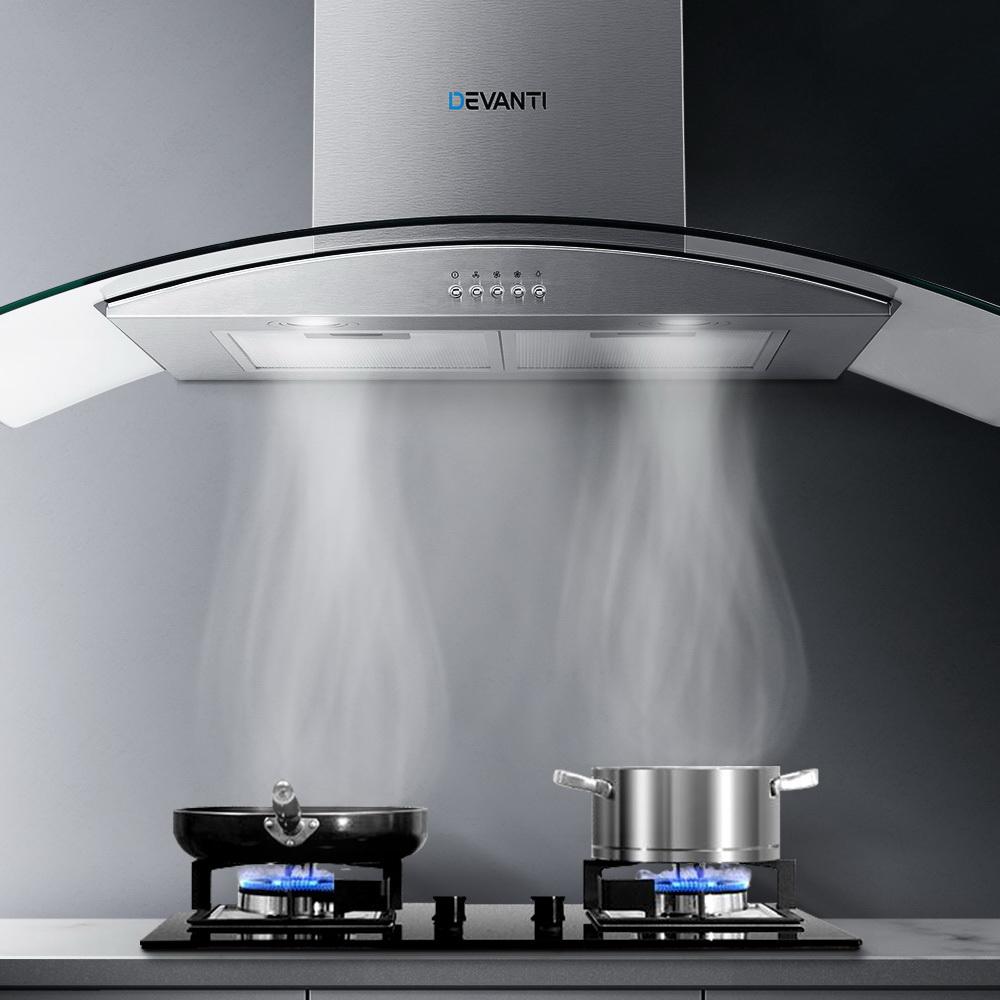 Devanti 900mm Range Hood with stainless glass canopy, showcasing its sleek design and modern features for kitchen ventilation.