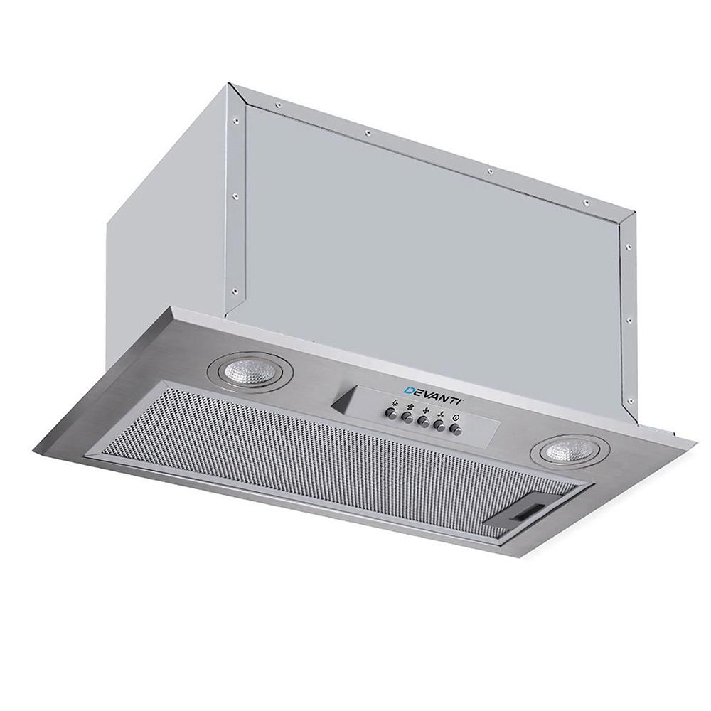 Devanti Undermount Range Hood in stainless steel, showcasing its sleek design and built-in LED lights.