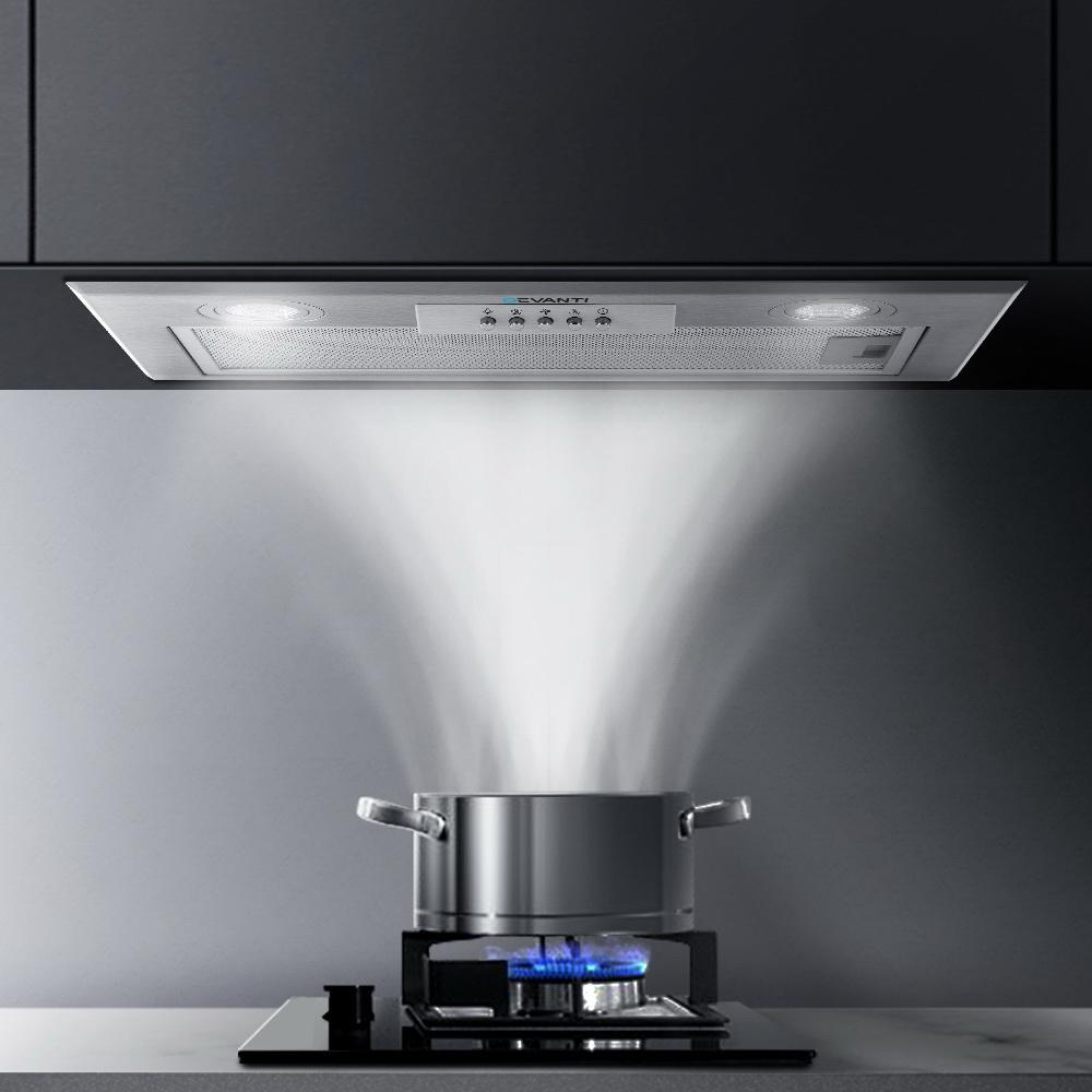 Devanti Undermount Range Hood in stainless steel, showcasing its sleek design and built-in LED lights.