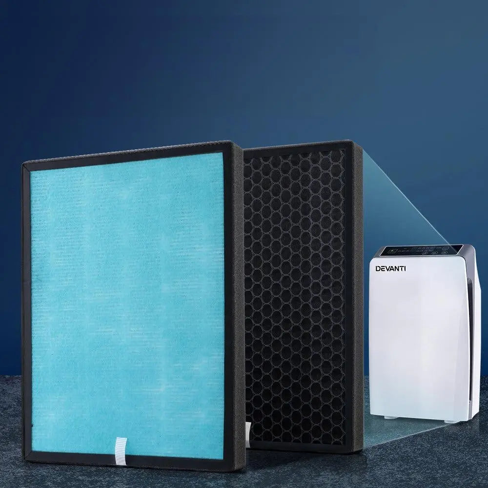 Devanti Replacement Filter for Air Purifier featuring a 4-layer filtration system including HEPA and carbon layers.