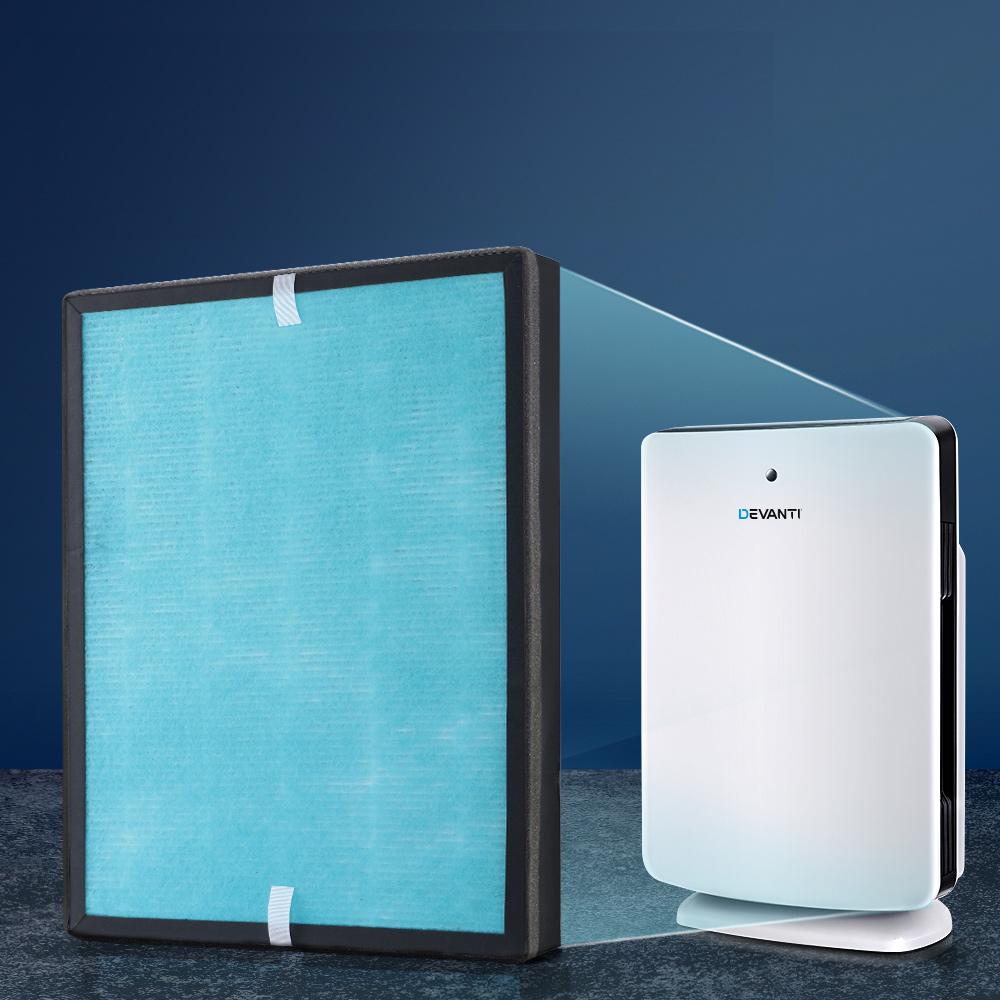 Devanti Replacement Filter for Air Purifier showcasing three-layer filtration including HEPA and carbon layers.