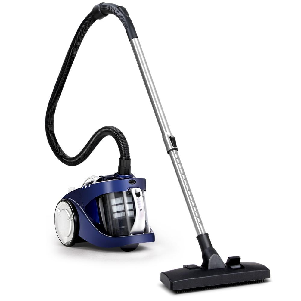 Devanti Bagless Vacuum Cleaner with a sleek blue design, featuring a telescopic stainless steel handle and multi-cyclonic system for efficient cleaning.