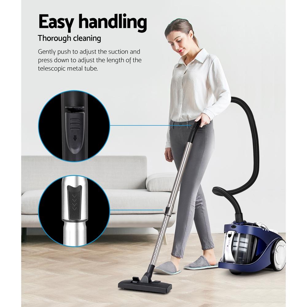 Devanti Bagless Vacuum Cleaner with a sleek blue design, featuring a telescopic stainless steel handle and multi-cyclonic system for efficient cleaning.