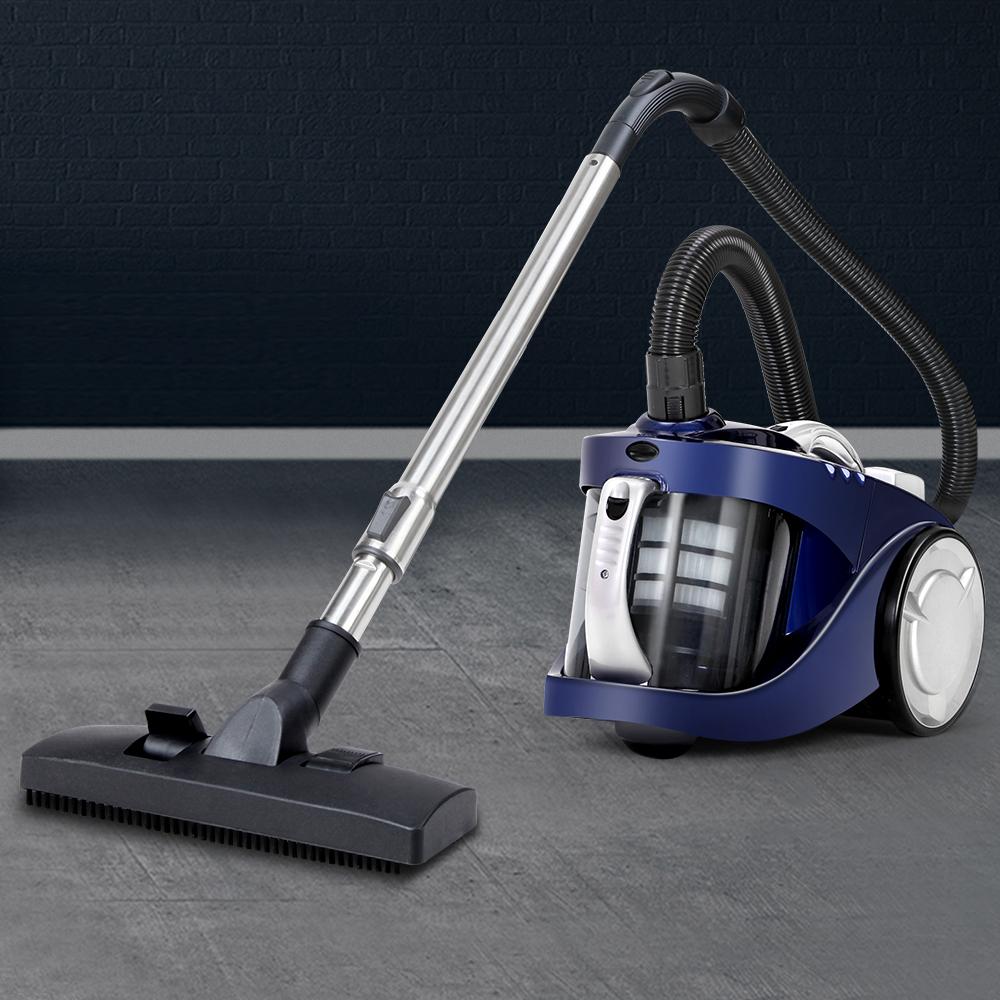 Devanti Bagless Vacuum Cleaner with a sleek blue design, featuring a telescopic stainless steel handle and multi-cyclonic system for efficient cleaning.