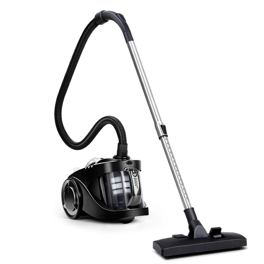 Devanti Bagless Vacuum Cleaner showcasing its sleek design, stainless steel handle, and multi-cyclonic system for efficient cleaning.