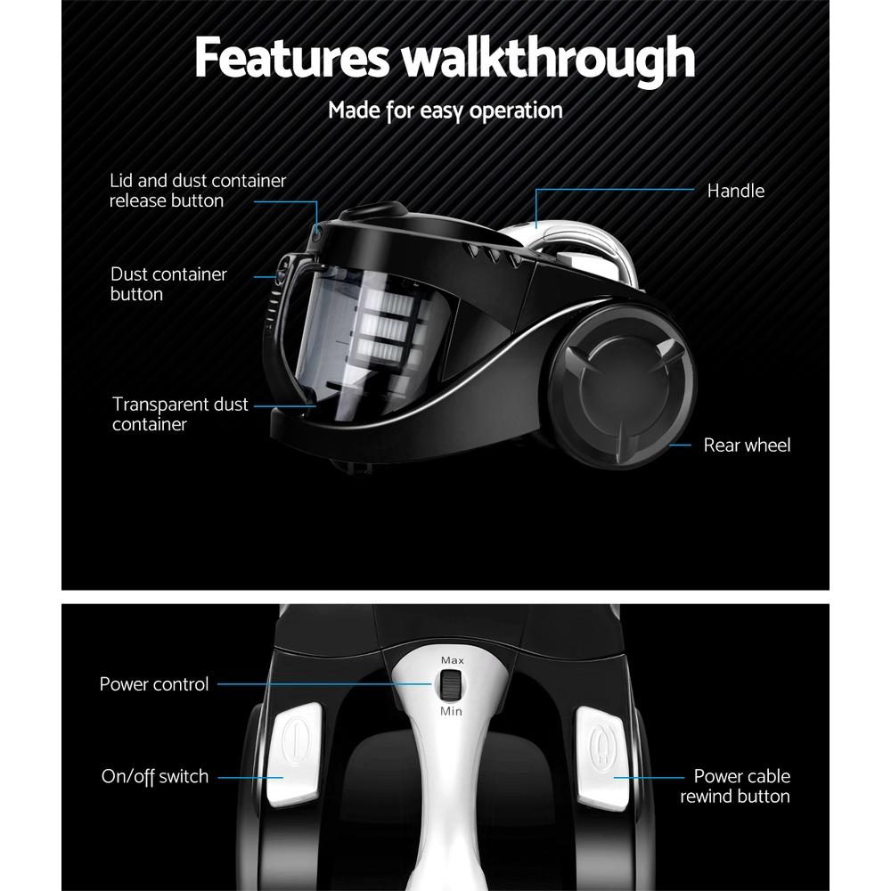 Devanti Bagless Vacuum Cleaner showcasing its sleek design, stainless steel handle, and multi-cyclonic system for efficient cleaning.