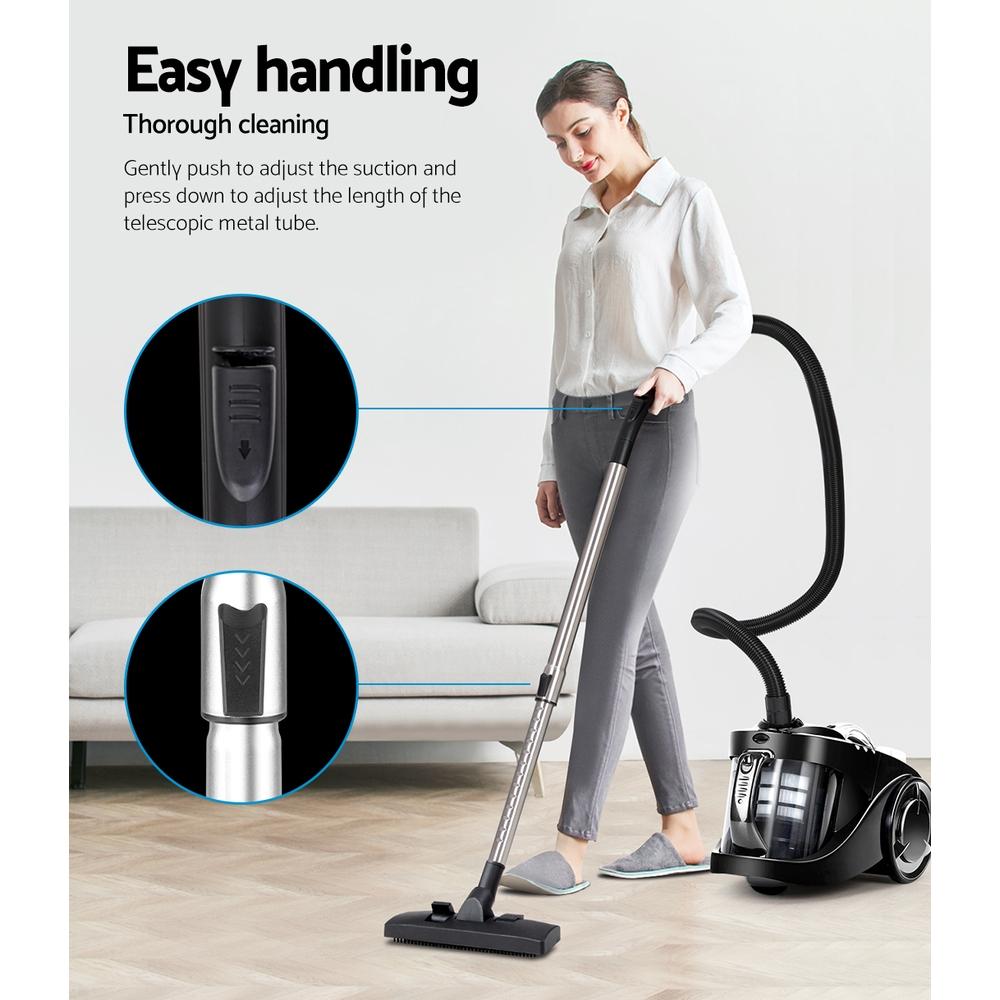 Devanti Bagless Vacuum Cleaner showcasing its sleek design, stainless steel handle, and multi-cyclonic system for efficient cleaning.