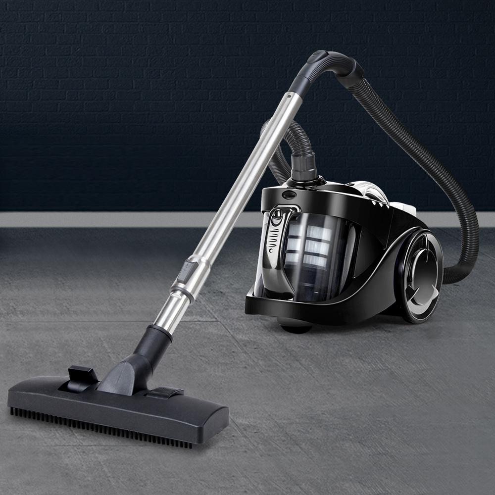 Devanti Bagless Vacuum Cleaner showcasing its sleek design, stainless steel handle, and multi-cyclonic system for efficient cleaning.