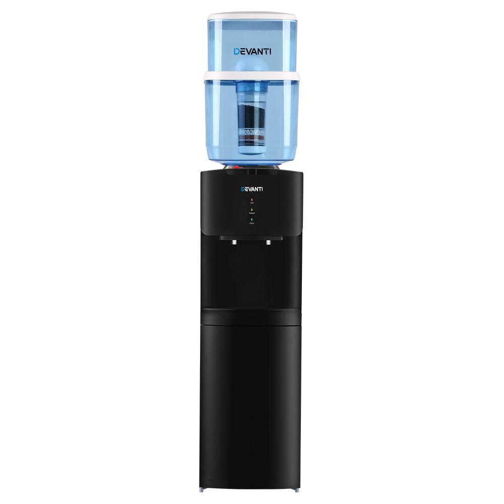 Devanti Water Cooler Chiller Dispenser with a 22L capacity, featuring dual taps for hot and cold water, and a sleek black design.