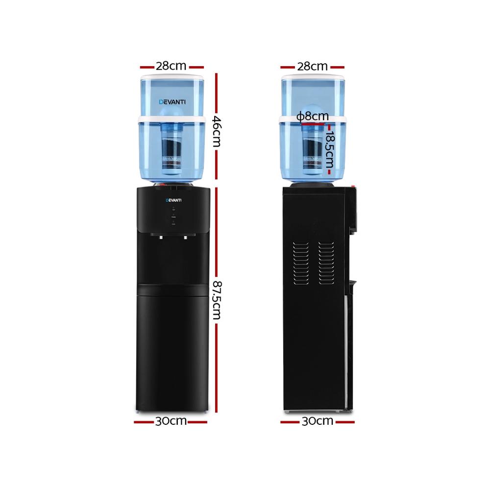 Devanti Water Cooler Chiller Dispenser with a 22L capacity, featuring dual taps for hot and cold water, and a sleek black design.