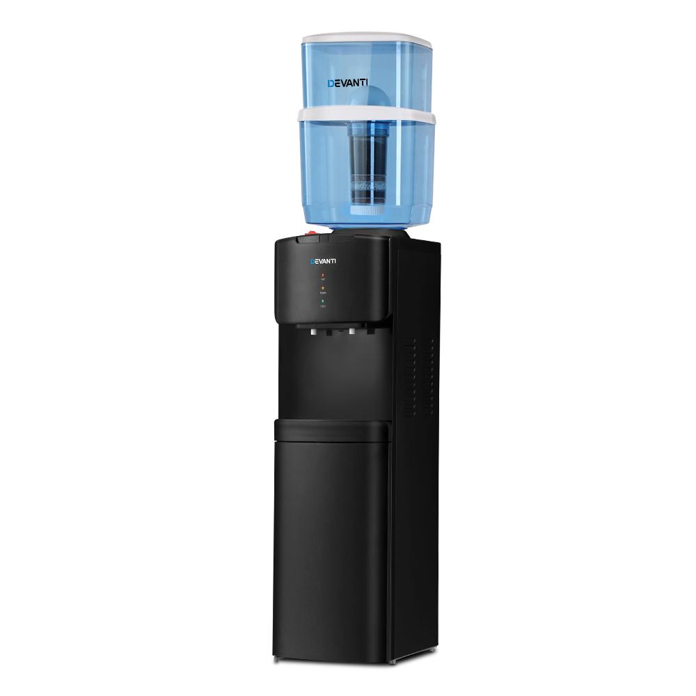 Devanti Water Cooler Chiller Dispenser with a 22L capacity, featuring dual taps for hot and cold water, and a sleek black design.