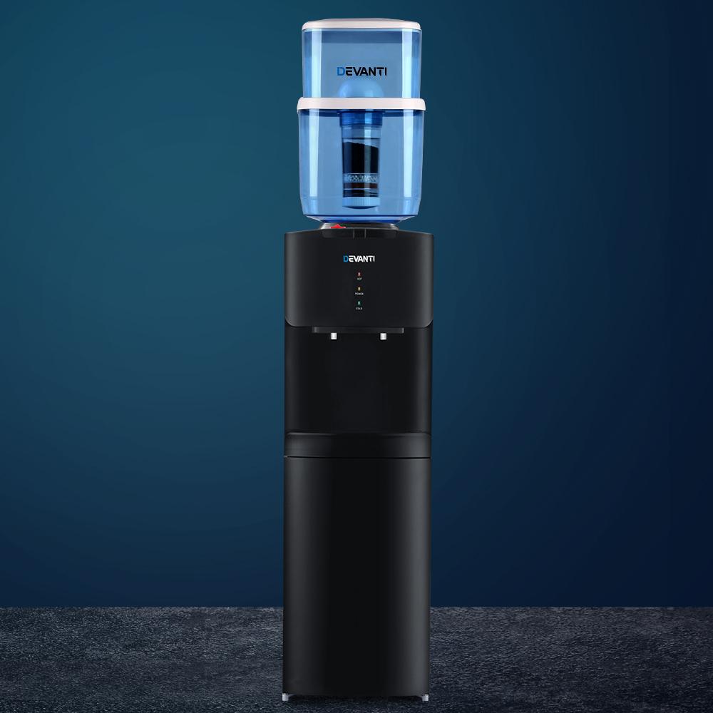 Devanti Water Cooler Chiller Dispenser with a 22L capacity, featuring dual taps for hot and cold water, and a sleek black design.