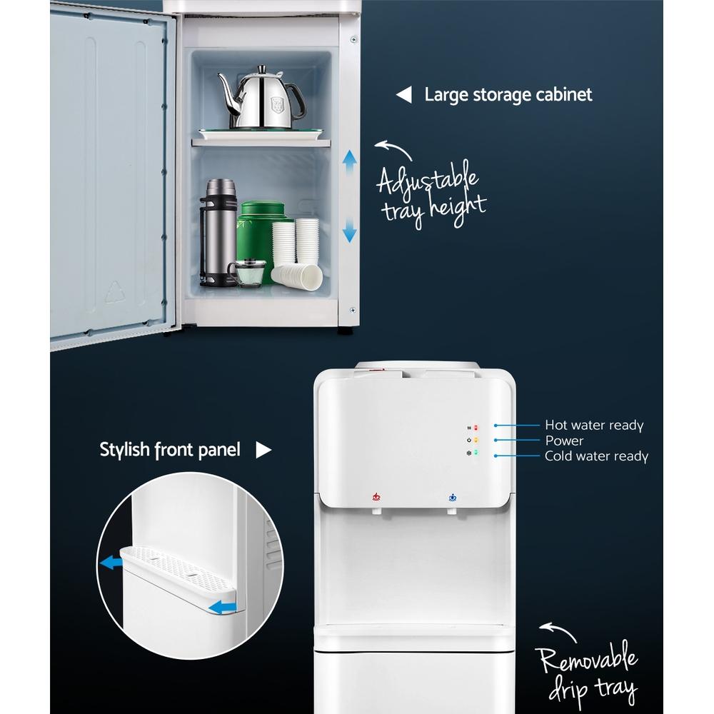 Devanti Water Cooler Dispenser with hot and cold taps, featuring a sleek white design and LED indicators.