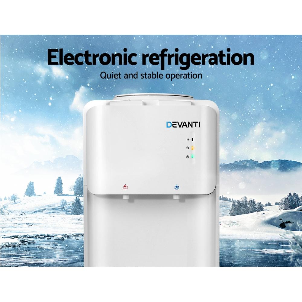 Devanti Water Cooler Dispenser with hot and cold taps, featuring a sleek white design and LED indicators.