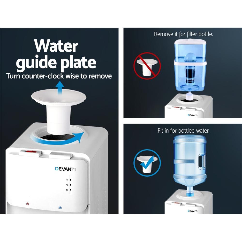 Devanti Water Cooler Dispenser with hot and cold taps, featuring a sleek white design and LED indicators.