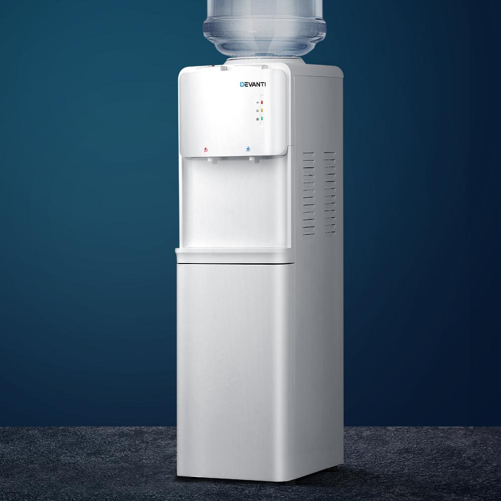 Devanti Water Cooler Dispenser with hot and cold taps, featuring a sleek white design and LED indicators.