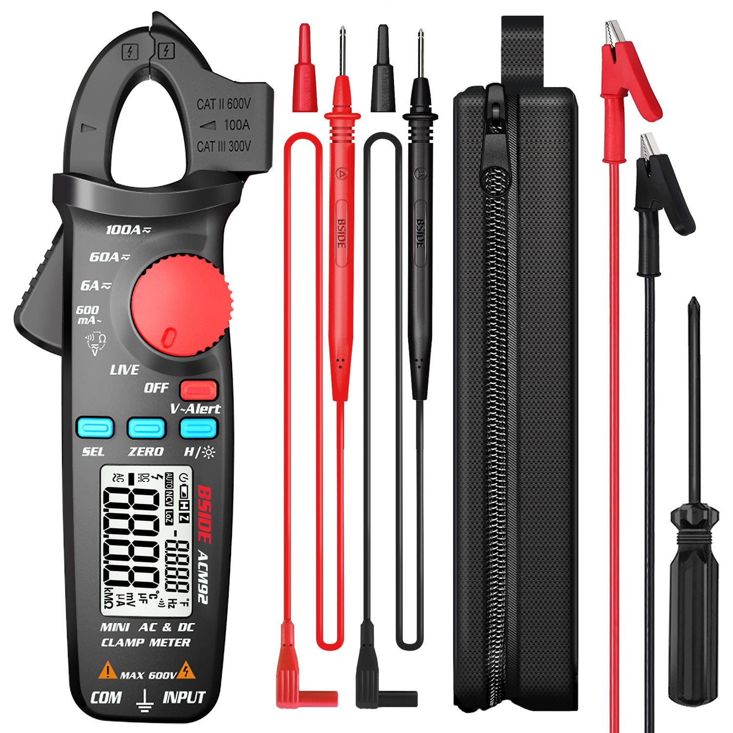 Digital Clamp Meter Multimeter ACM92 91 displaying measurements for AC and DC current, ideal for car repairs and electrical diagnostics.