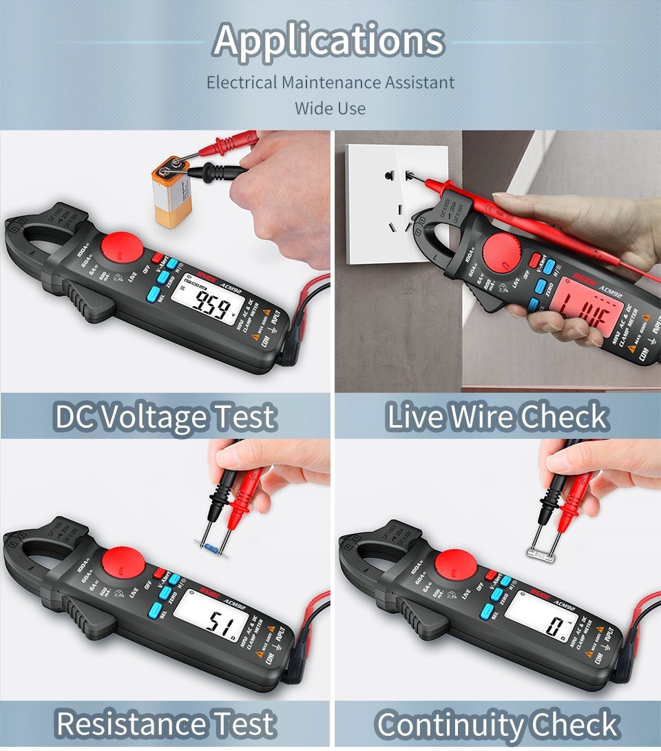 Digital Clamp Meter Multimeter ACM92 91 displaying measurements for AC and DC current, ideal for car repairs and electrical diagnostics.