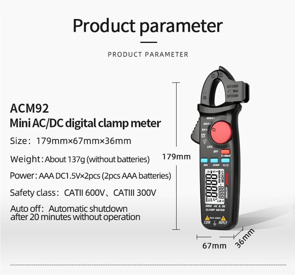 Digital Clamp Meter Multimeter ACM92 91 displaying measurements for AC and DC current, ideal for car repairs and electrical diagnostics.