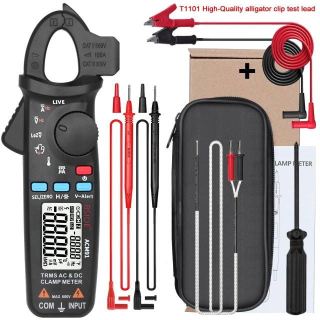 Digital Clamp Meter Multimeter ACM92 91 displaying measurements for AC and DC current, ideal for car repairs and electrical diagnostics.