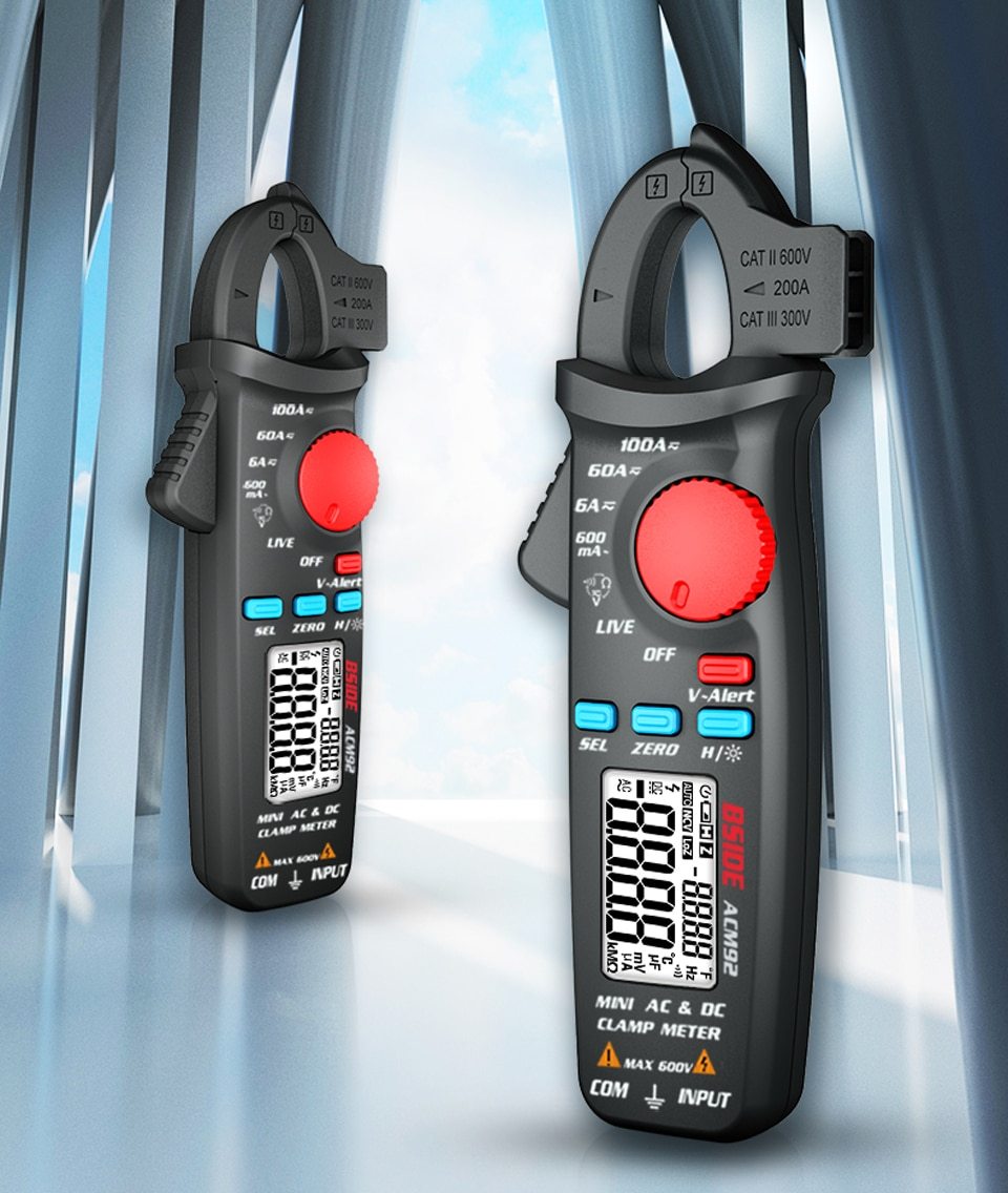 Digital Clamp Meter Multimeter ACM92 91 displaying measurements for AC and DC current, ideal for car repairs and electrical diagnostics.