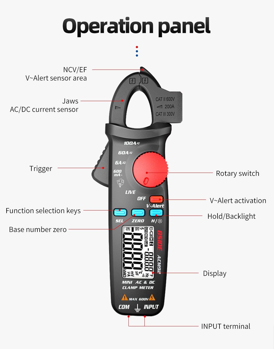 Digital Clamp Meter Multimeter ACM92 91 displaying measurements for AC and DC current, ideal for car repairs and electrical diagnostics.