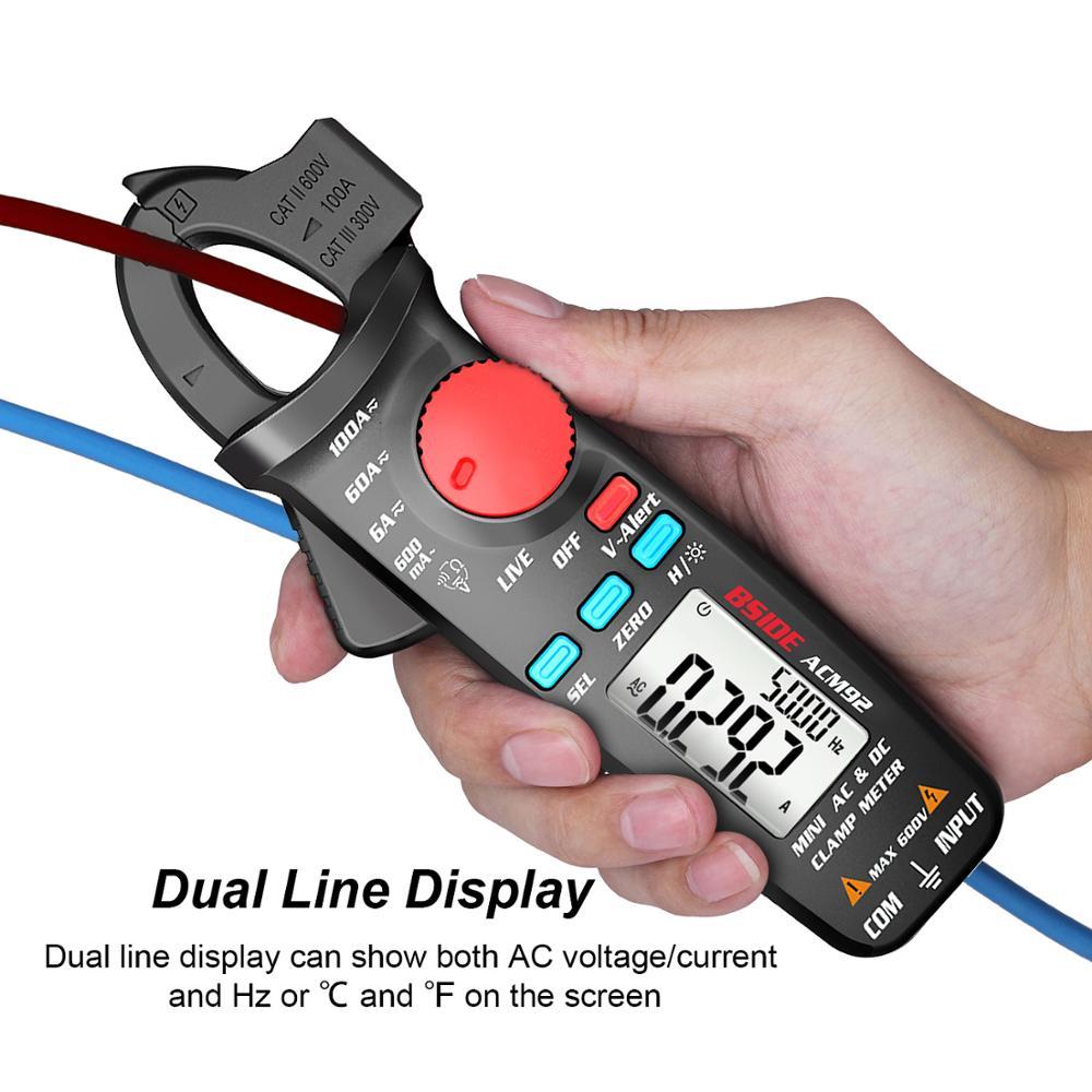 Digital Clamp Meter Multimeter ACM92 91 displaying measurements for AC and DC current, ideal for car repairs and electrical diagnostics.