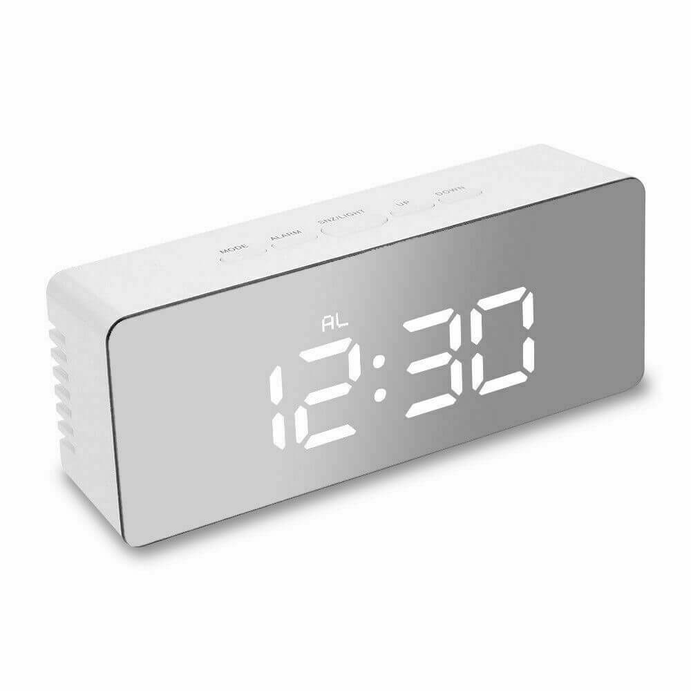 Digital LED Mirror Alarm Clock displaying time and temperature with a sleek mirror finish.