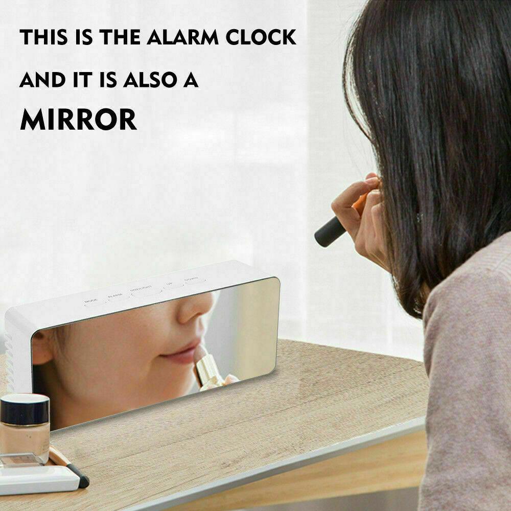 Digital LED Mirror Alarm Clock displaying time and temperature with a sleek mirror finish.