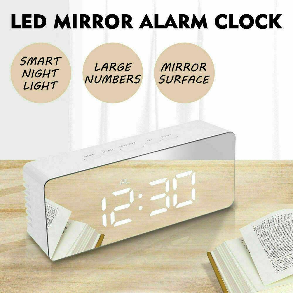 Digital LED Mirror Alarm Clock displaying time and temperature with a sleek mirror finish.