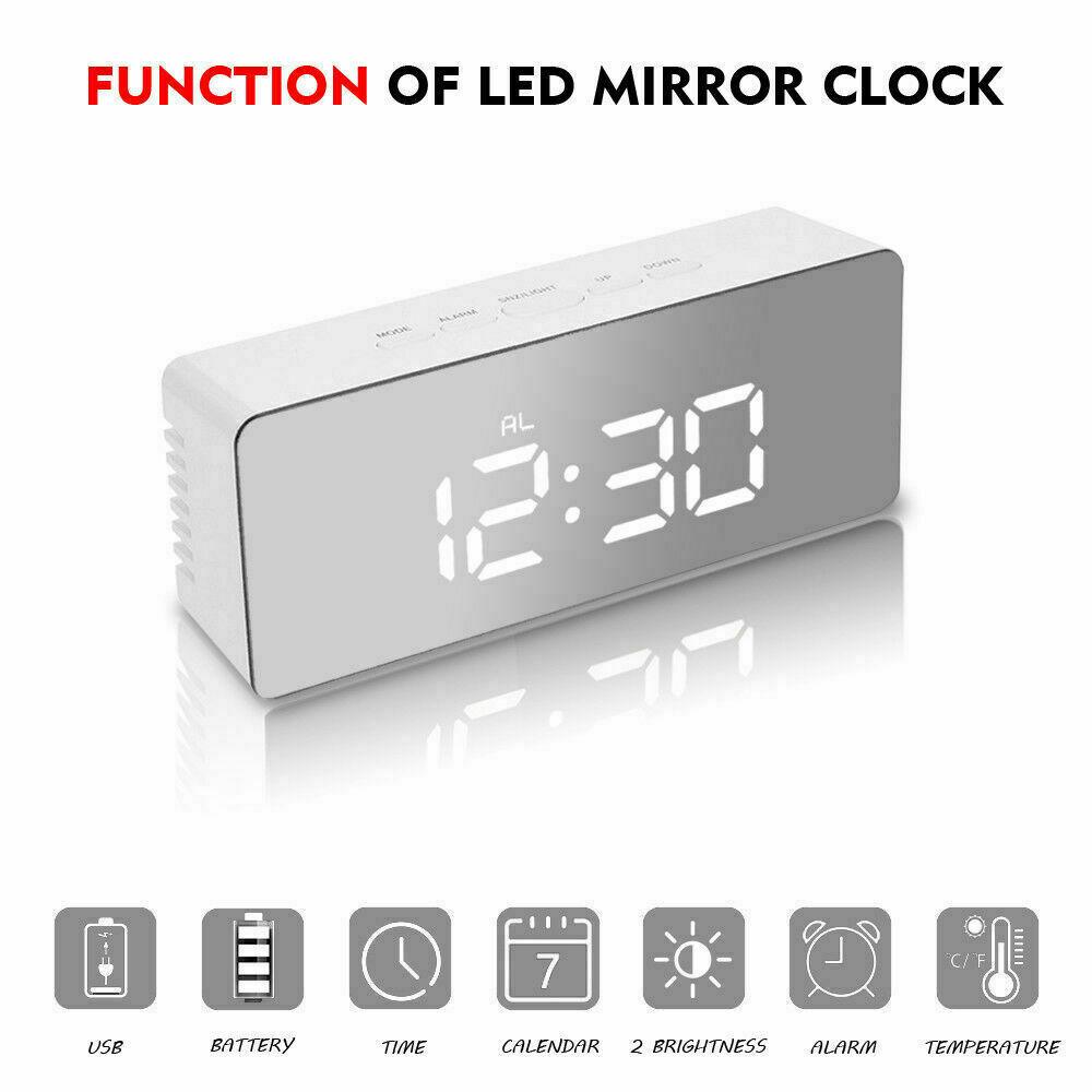 Digital LED Mirror Alarm Clock displaying time and temperature with a sleek mirror finish.