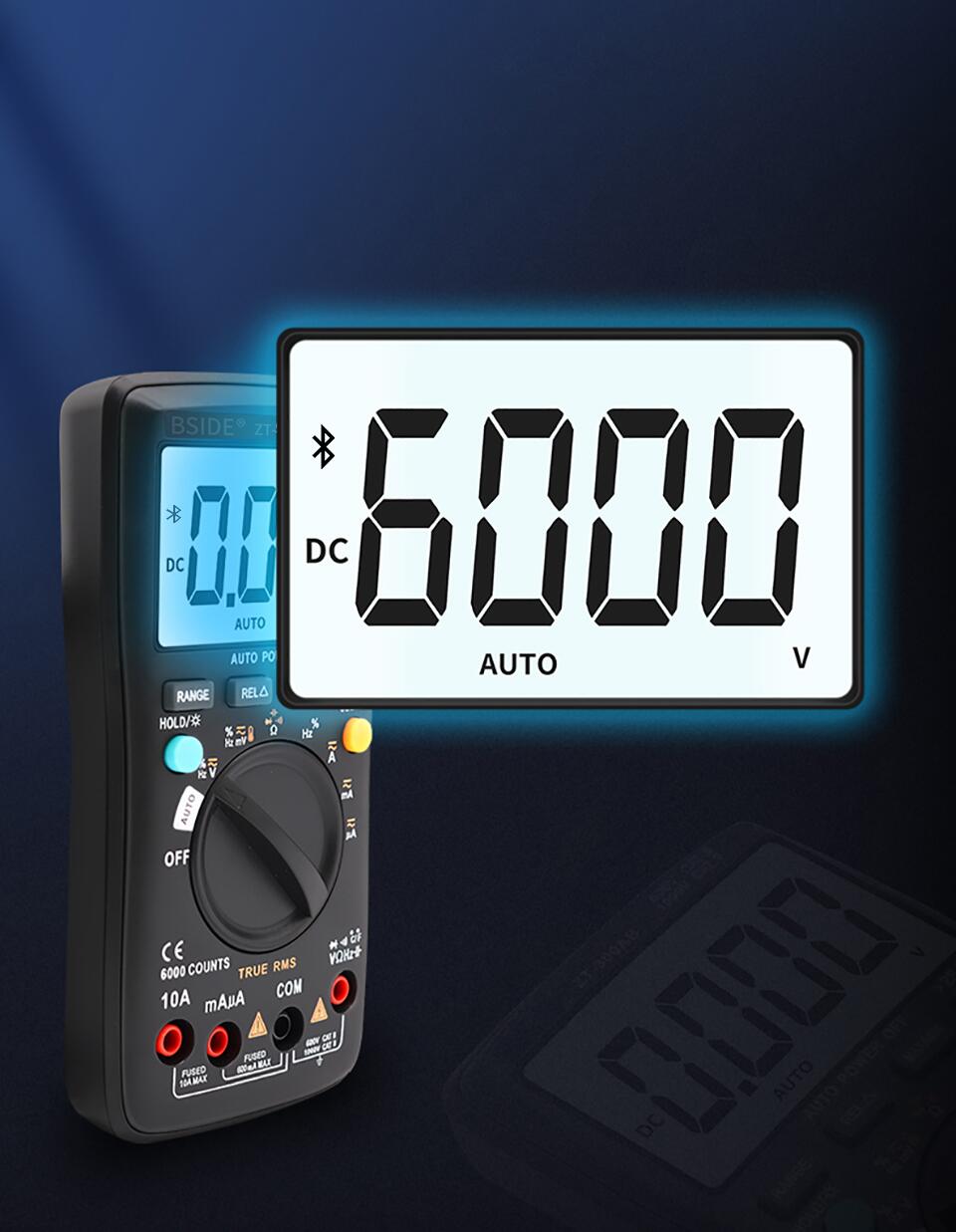 Digital multimeter with wireless technology, featuring a digital display and various measurement functions including True RMS.