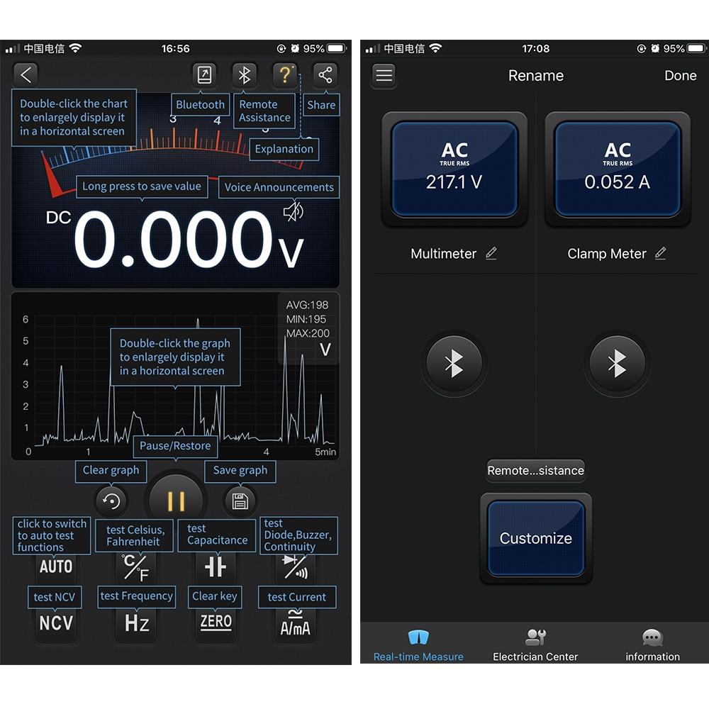 Digital multimeter with wireless technology, featuring a digital display and various measurement functions including True RMS.