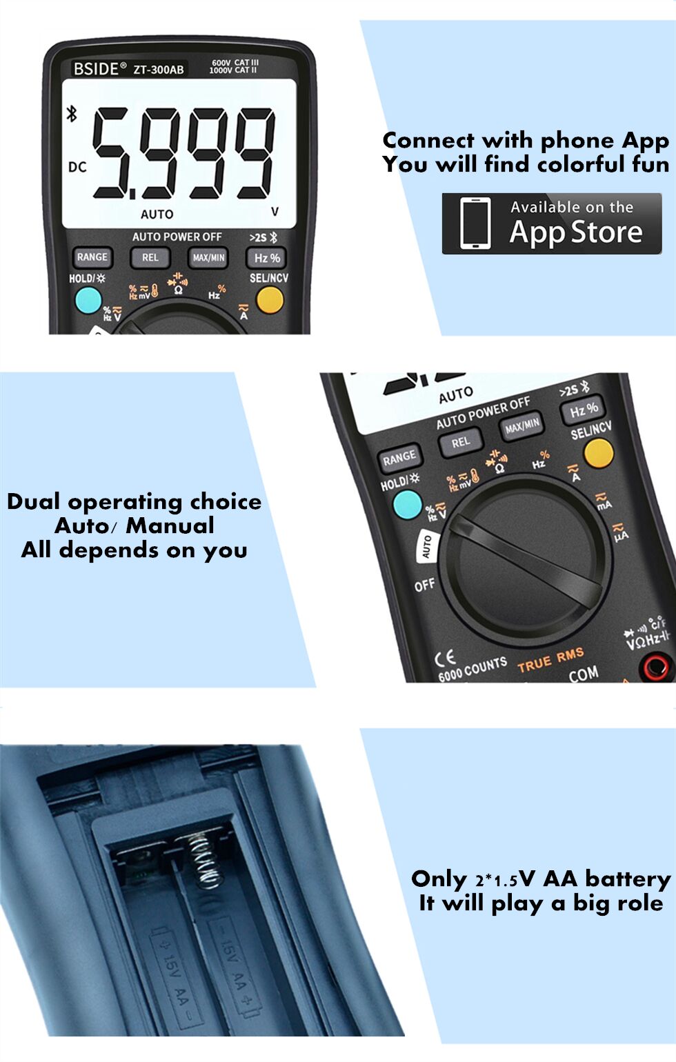 Digital multimeter with wireless technology, featuring a digital display and various measurement functions including True RMS.