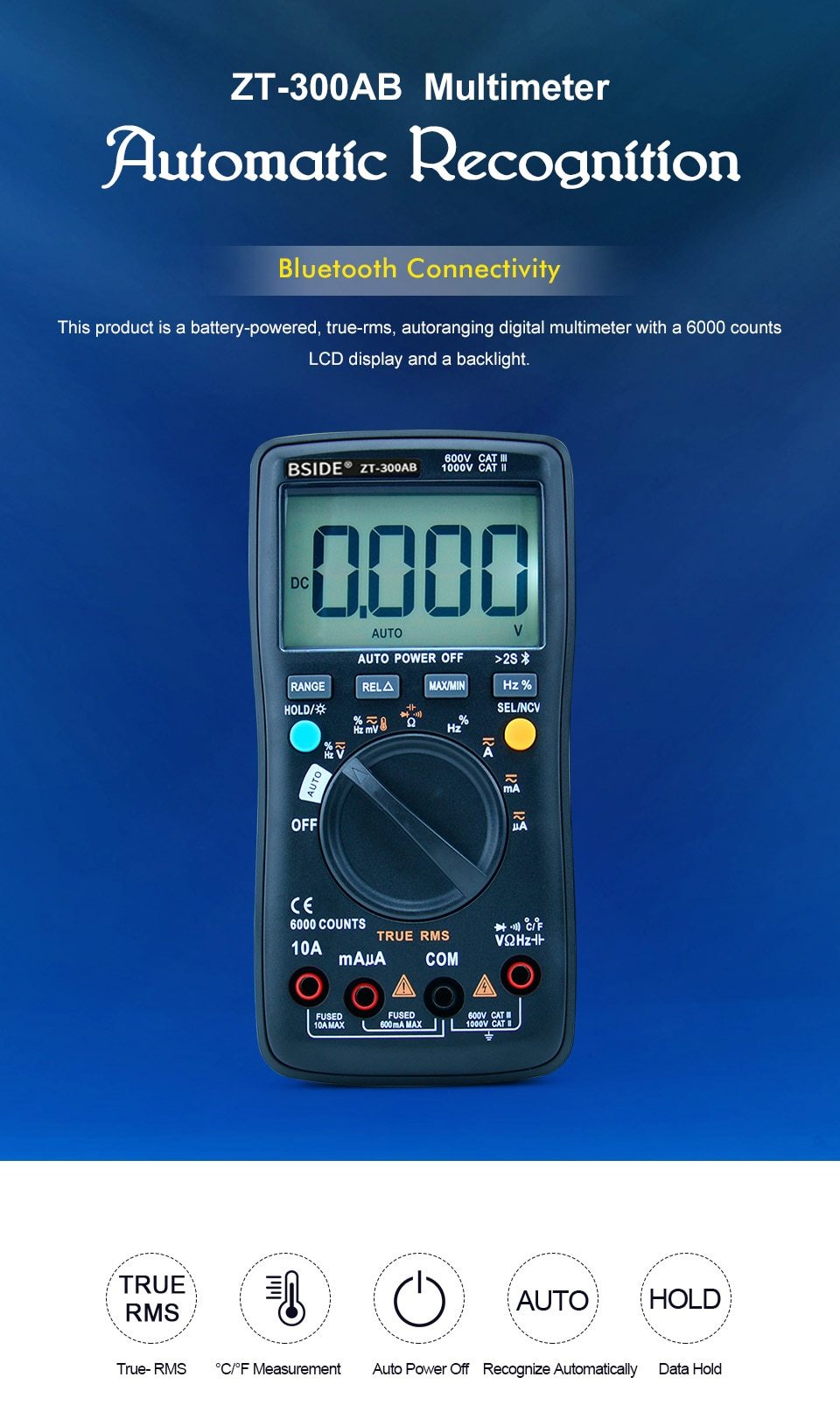 Digital multimeter with wireless technology, featuring a digital display and various measurement functions including True RMS.