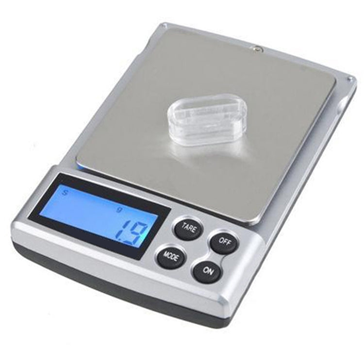 Digital Pocket Scale in black color with stainless steel tray, displaying weight measurements.