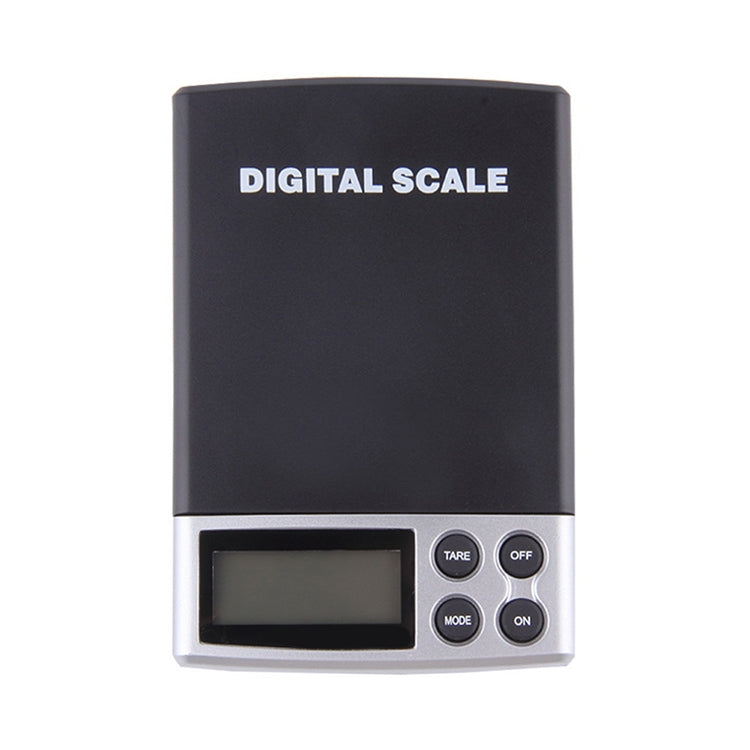 Digital Pocket Scale in black color with stainless steel tray, displaying weight measurements.